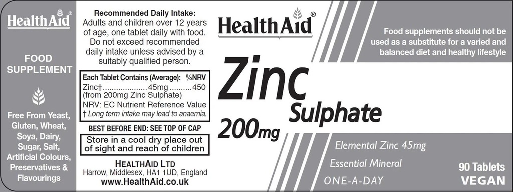 HEALTH AID ZINC SULPHATE 200MG 90'S (2)