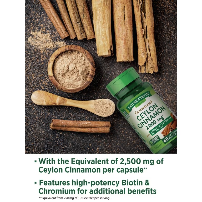 NATURE'S TRUTH CEYLON CINNAMON 2500MG+ BIOTIN & CROMIUM CAPS 60'S (2)