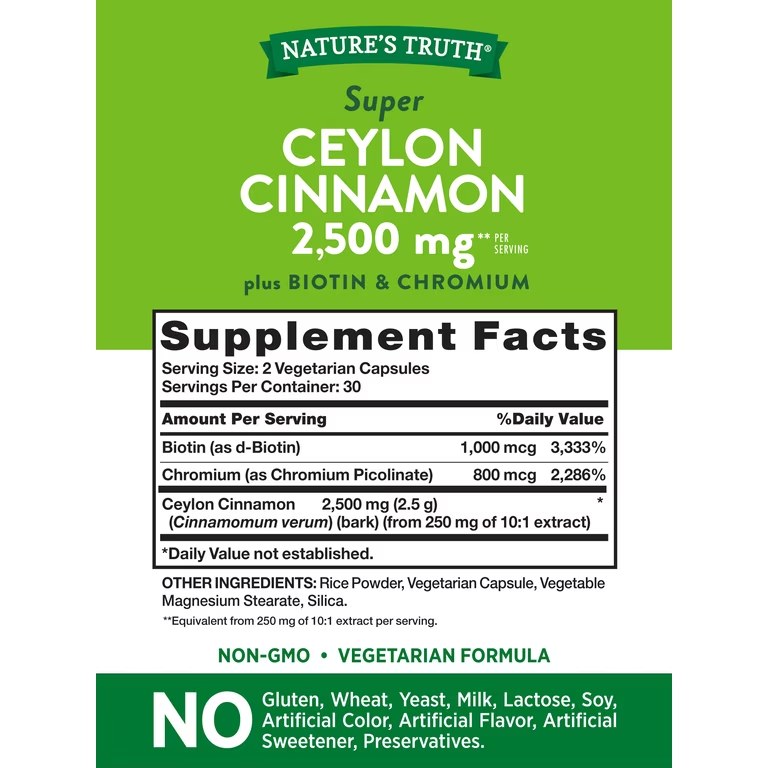 NATURE'S TRUTH CEYLON CINNAMON 2500MG+ BIOTIN & CROMIUM CAPS 60'S (3)
