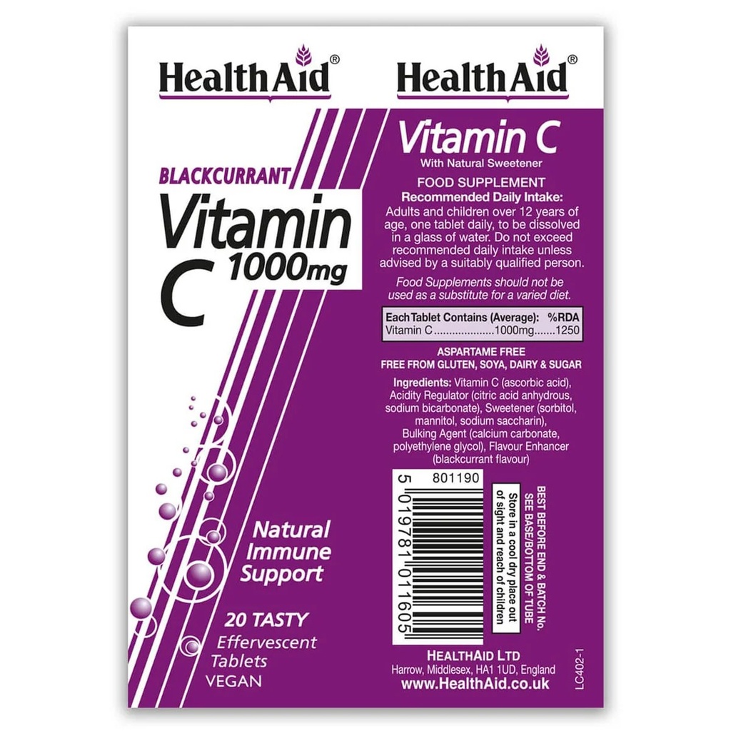 [JPR-0117] HEALTH AID VITAMIN C EFF 1G B/CURRANT 20'S