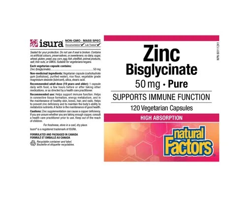 [JPR-0307] NATURAL FACTORS ZINC BISGLY 50MG VCAP 120